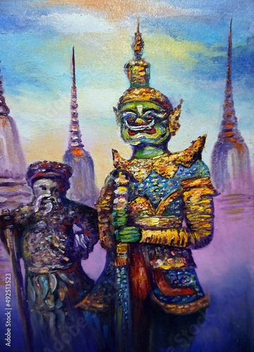 Art painting Oil color Literature Ramayana religion background From Thailand