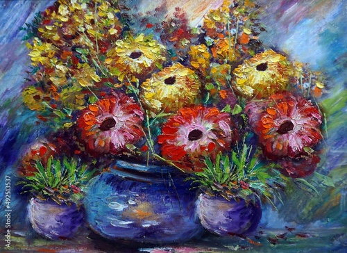 Art painting Hand drawn Oil color flowers in vase from Thailand © Kwang Gallery