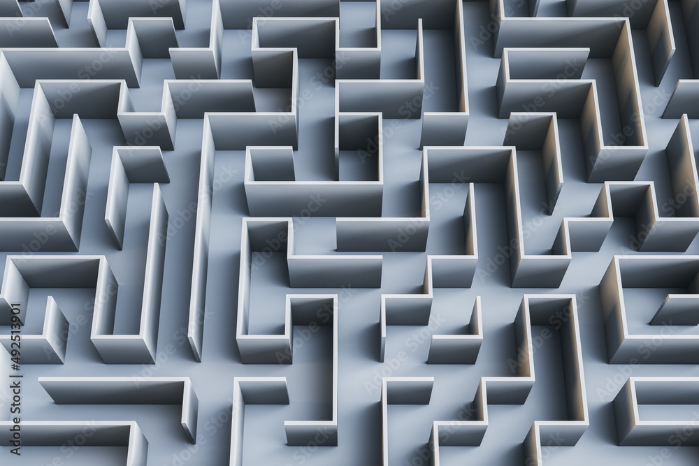 Creative gray maze wallpaper. Solution, way out and challenge concept. 3D Rendering. Stock Photo