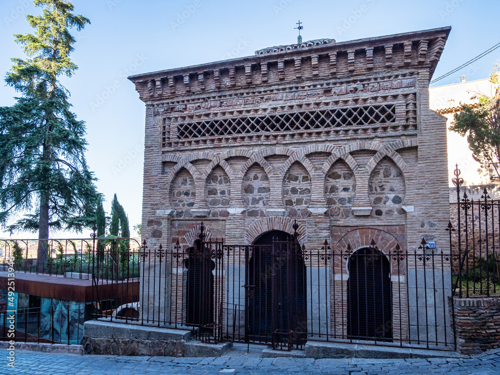 external view of mezquita del cristo de la luz from garden at toledo, spain