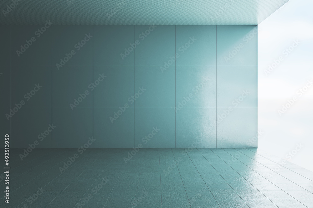 Empty modern concrete interior with bright daylight and mock up place on wall. Gallery and living concept. Sky view. 3D Rendering. Empty modern concrete interior with bright daylight and mock up place on wall. Gallery and living concept. Sky view. 3D Rendering.