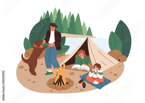 Family with kids and dog relaxing in camp in nature. People tourists resting outdoors with tent and campfire near water, river bank in forest. Flat vector illustration isolated on white background