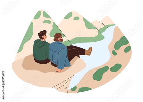 Men friends relaxing on cliff after hiking in wild nature. Couple enjoying view of mountains and river. Hikers rest in adventure, travel. Flat graphic vector illustration isolated on white background