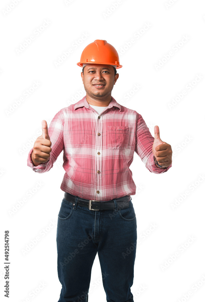 portrait of handsome foreman architect wearing  and a hard hat thumbs up studio shot isolated on white background with clipping path.