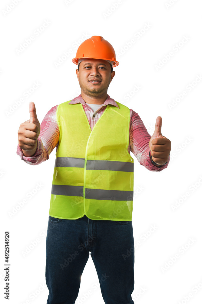 Portrait of a handsome architect chief engineer wearing a hard hat. Wearing reflective tiger thumbs up photo studio isolated on white background clipping path.
