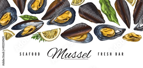 Seamless repeatable background with mussels hand drawn vector illustration.