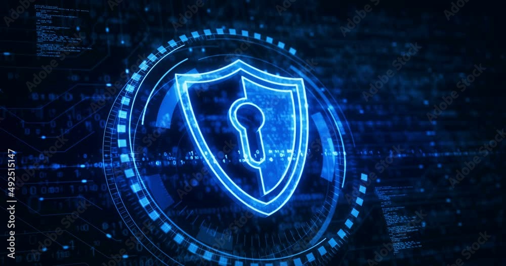 Cyber security, network protection and digital data with shield symbol digital concept. Network, cyber technology and computer background abstract 3d animation.
