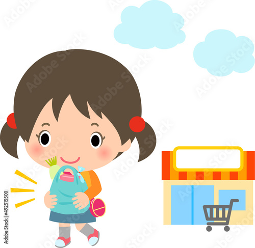 スーパーで買い物した女の子、おつかい