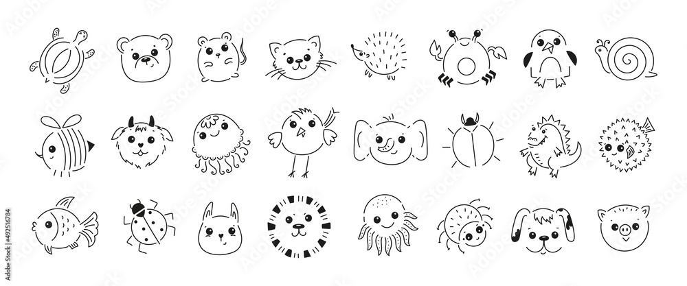 Cute Animals Line Art Icons Vector Set for Kids design. Black and White illustration