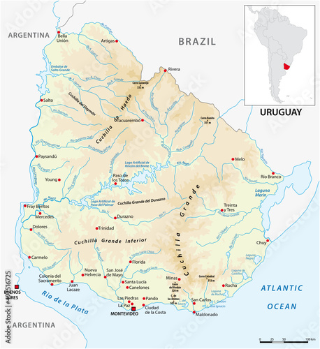 physical vector map of the south american state of Uruguay 