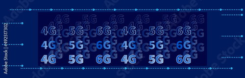 Technology background high speed network 4G 5G 6G. Light blue dotted signal lines in graphic style. Data transfer technology business concept. Intercontinental global connection. Wireless and Internet