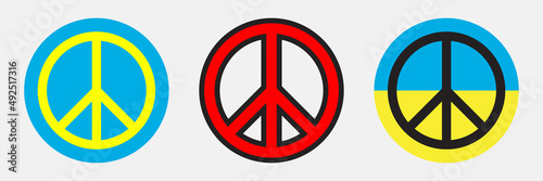 Symbols of peace and stop the war in Ukraine. Pacifism round emblems. World peace signs set. Anti-war logos collection. Cessation of hostility among all mankind. Happiness and freedom concept.