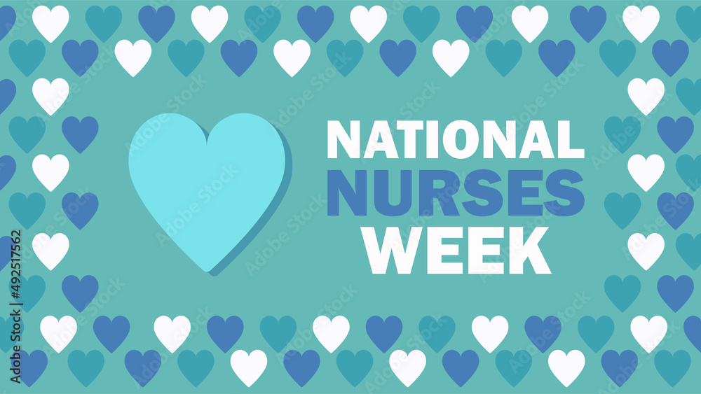 National Nurses Week. Thank you nurses - celebration in USA. Vector illustration with text, border pattern with hearts. Greeting card, banner, invitation flyer horizontal design.