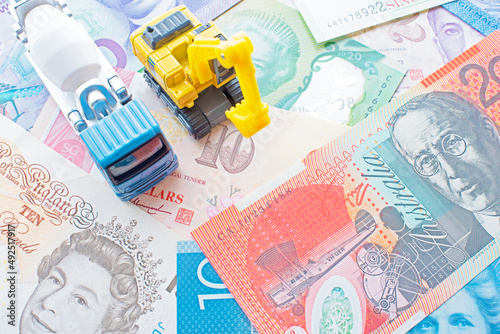 Wallpaper Mural digger and concrete mixer truck and banknotes Torontodigital.ca