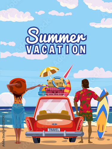 Couple on Summer Vacation, red car with luggage bags, surfboard on the beach. Tropical seachore, palms, sea, ocean, back view. Vector illustration retro cartoon