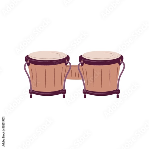 Paired double bongos drum. African percussion rhythm music instrument. Ethnic folk traditional percussive object. Colored flat vector illustration isolated on white background