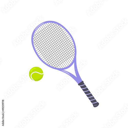 Detailed vector illustration of tennis racket and ball. Equipment for tennis sport game. Isolated on white background. Flat design © Karina