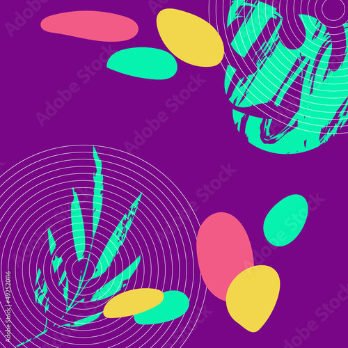 Abstract decorative background design. Different colorful geometric shapes with elements of tropical plants, creating a single bright composition. Spring colors are perfect for advertising products, m