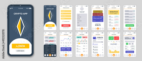 Set of UI, UX, GUI screens Cryptocurrency app flat design template for mobile apps, responsive website wireframes. Web design UI kit. Cryptocurrency Dashboard.