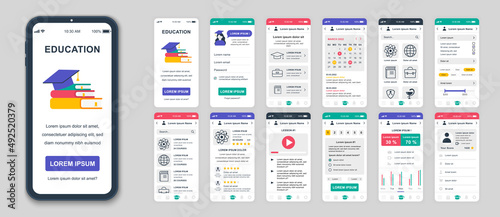 Set of UI, UX, GUI screens Education app flat design template for mobile apps, responsive website wireframes. Web design UI kit. Education Dashboard.