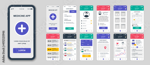 Set of UI, UX, GUI screens Medicine app flat design template for mobile apps, responsive website wireframes. Web design UI kit. Medicine Dashboard.