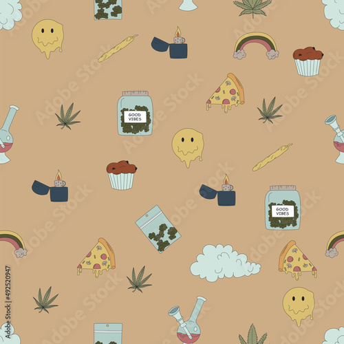Hand drawn cannabis, marijuana elements seamless pattern. Lighter, pizza, cupcakes and more. Vector flat illustrations for t-shirt prints, posters and other uses.