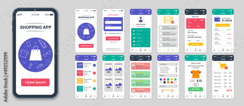 Set of UI, UX, GUI screens Shopping app flat design template for mobile apps, responsive website wireframes. Web design UI kit. Shopping Dashboard.