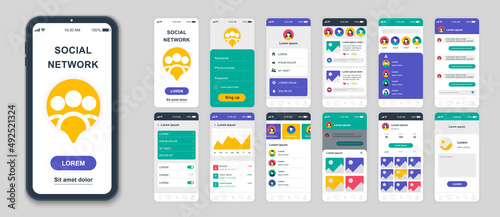 Set of UI, UX, GUI screens Social Network app flat design template for mobile apps, responsive website wireframes. Web design UI kit. Social Network Dashboard.