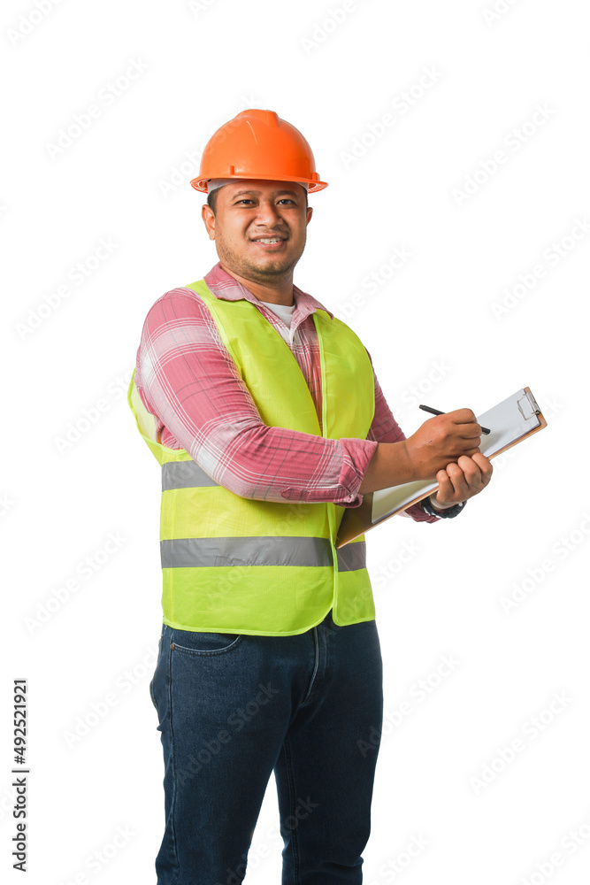 Portrait of a handsome chief engineer wearing a hard hat. wearing a reflective tiger Taking notes. isolated on a white background clipping path. Portrait of a handsome chief engineer wearing a hard hat. wearing a reflective tiger Taking notes. isolated on a white background clipping path.
