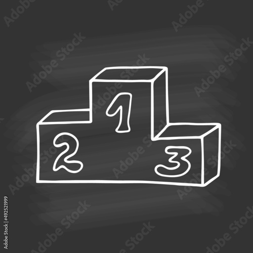 Hand drawn victory podium on chalkboard. White outline on black background. Cute elements in doodle style for card, social media banner, sticker, decoration kids playroom. Vector illustration
