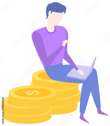 Man works on computer in banking. Businessman sitting on stack of gold coins with laptop and working with finances. Banker counts money in bank. Making money, profit, earnings in gold pennies concept