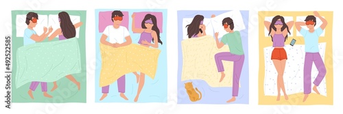 Couple sleep poses. Man and woman resting bed, different positions, guy and girl characters night dream, people relax together under the blanket under blanket, vector cartoon flat set