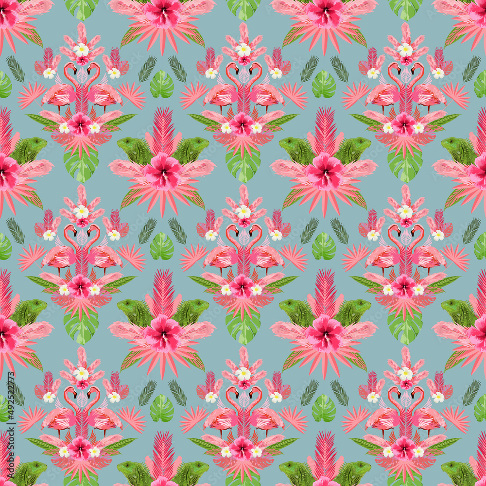 Colourful flamingos and iguanas seamless pattern Colourful flamingos and iguanas seamless pattern