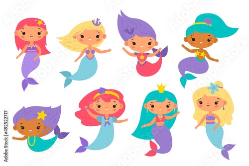 Cute mermaids. Little funny underwater princesses, pretty colorful girls, fish scales and tails, beautiful fairy children, adorable pretty marine creatures, vector cartoon flat set