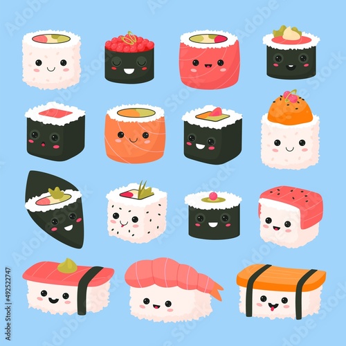 Cute sushi rolls. Kawaii funny japanese food characters, asian cuisine, cartoon cooking emoji, rice in nori seaweed with faces, mascot with happy emotions, stickers collection, vector set