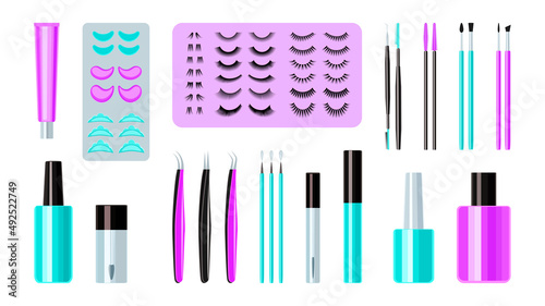 Eyelashes extension tools set vector illustration. Lashes collection different forms, volume, size for cosmetic procedures laminating, extension, staining and curling. Makeup accessoires isolated