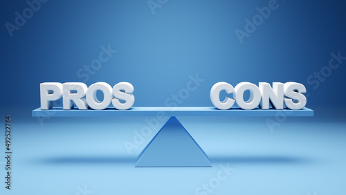 The words pros and cons balanced on a seesaw. Comparing positive advantages or negative disadvantages