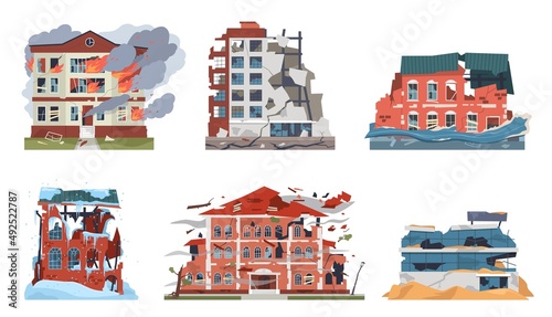 Disaster damages buildings. Different natural catastrophes, broken city destructive houses facades, earthquake, flood and frost, fire or war, broken postapocalypse architecture vector set