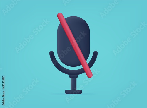 3d Microphone off icon. A device without sound audio recording, interviews. Does not work. Error playback and volume connection. Mic, headset  for speaker or podcast recording on green. Vector 