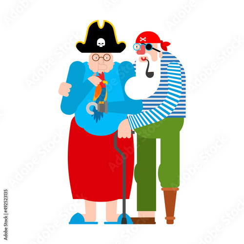 Grandfather and grandmother Pirate. Grandpa and Grandma filibuster and parrot. Vector illustration
