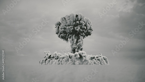 3d rendering of large nuke bomb test explosion with film look