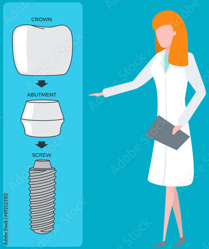 Female doctor talking about dental prosthesis structure. Implantation dentistry, stomatology. Tooth care, treatment. Dental implant creation scheme. Sequence of connection of screw, abutment and crown