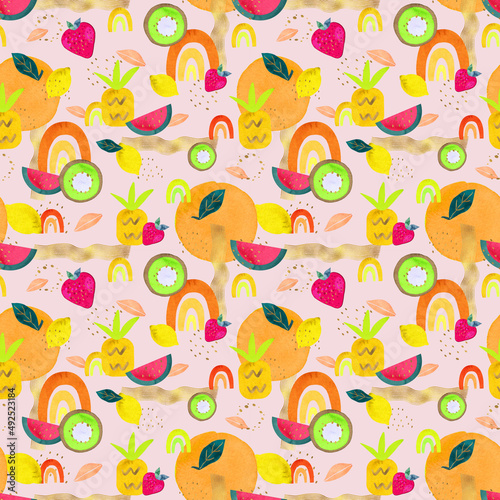 Geometric fruits seamless pattern with orange, pineapple, watermelon, kiwi, lemon, strawberry, rainbows and gold texture elements.