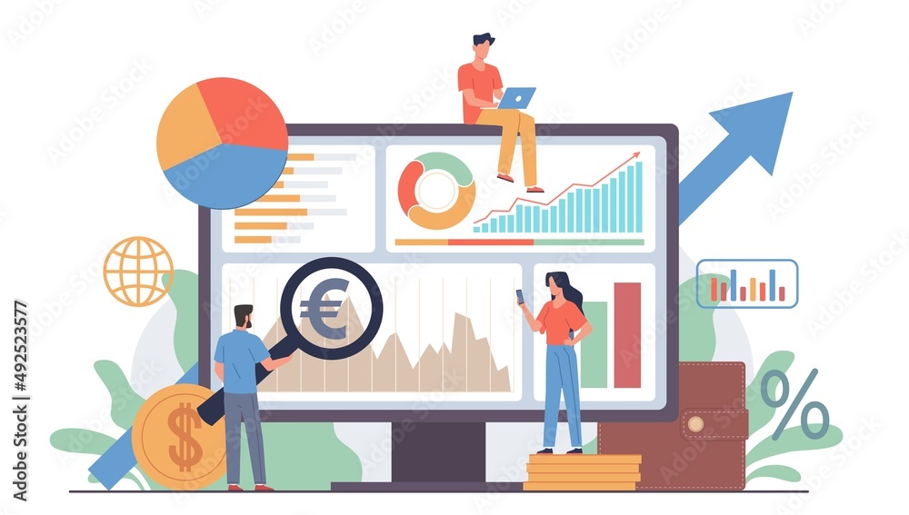 People with magnifying glass. Business persons group in work process, man holds big loupe, graphs on monitor, exchange rates, search and analysis information vector cartoon flat concept