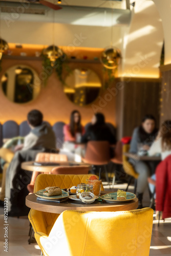 Restaurant interior, blurred background, selective focus