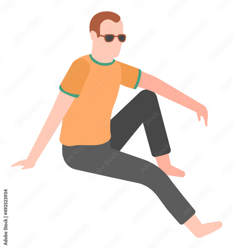 Fototapeta premium Sitting guy in sunglasses thinking. Flat man character