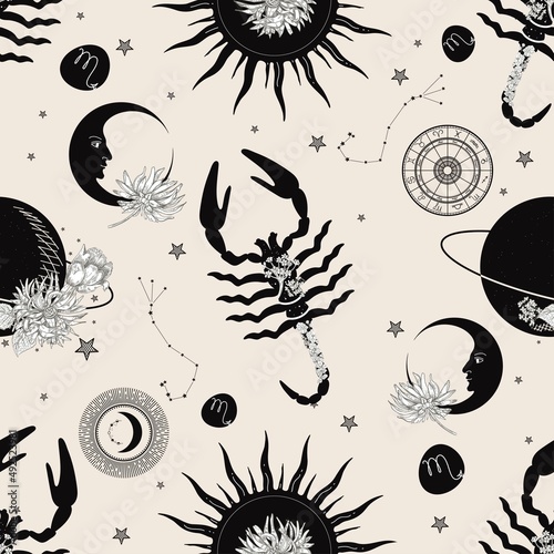 Zodiac constellation Scorpio. Seamless pattern. The zodiac constellation Pisces. Seamless pattern.