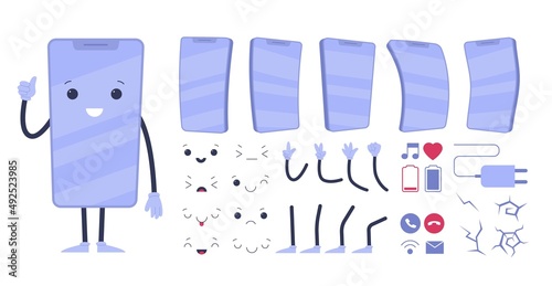 Smartphone mascot kit. Cartoon mobile phone character, case in different positions, cute individual emotions and body parts, display screen, animation construction vector isolated set
