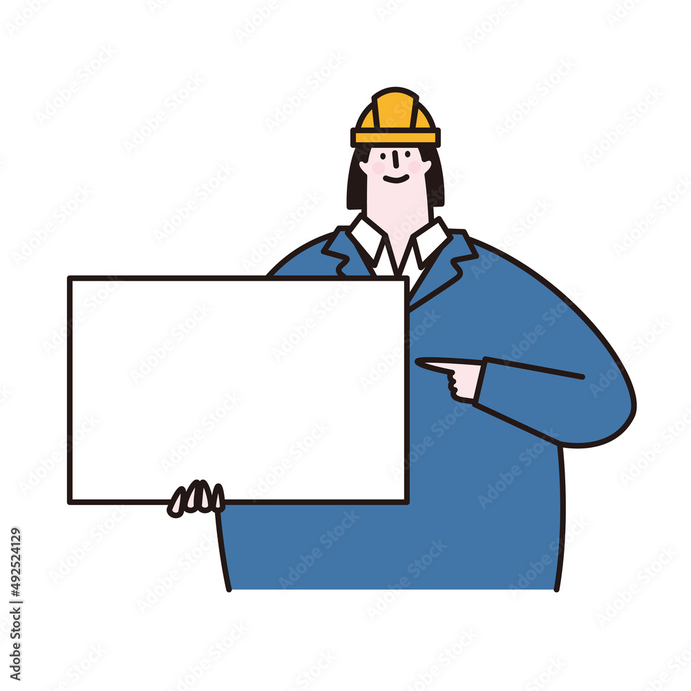 Vector illustration of a woman wearing a helmet pointing at the board. Vector illustration of a woman wearing a helmet pointing at the board.