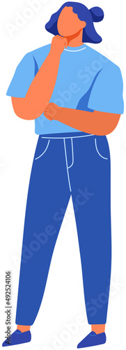 Pensive person thinking and solving problems. Serious thoughtful woman with hand on chin vector illustration. Full length portrait of unsure female character. Faceless girl thinks about something
